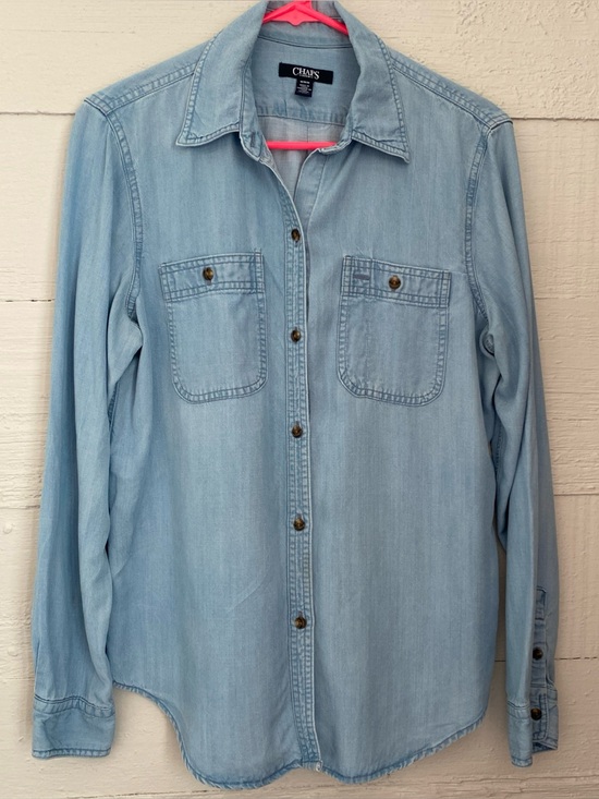 Chaps Tops - CHAPS Women's Sz M Chambray Blue Shirt Button Up L/S Pockets Tencel Classic